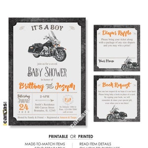 MOTORCYCLE Baby Shower Invitation, Motorbike Invitation, Biker Baby Boy Shower, Motorcycle Theme Party Invite. Printed Invitations 192o