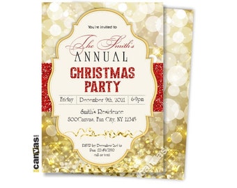 May include: A festive Christmas party invitation with a gold and red glitter design. The invitation includes the text "The Smith's Annual Christmas Party" with event details. The background features bokeh lights.