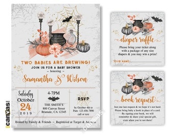 Halloween Twins Baby Shower Invitation, Twin Baby Shower Invites, Two Babies Are Brewing, Gender Neutral, Digital, Printable or Printed 482