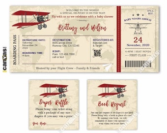 Boarding Pass Vintage Airplane BABY SHOWER Invitations, Plane Ticket Baby Shower Invites, Travel Theme Baby, Biplane, Airline Ticket, 500