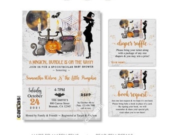 Halloween Baby Shower Invitation, October Baby Shower Invite, Pregnant Witch, Gender Neutral, Rustic Pumpkin, Boy Girl, Digital Printed 482f