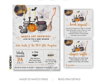 Halloween Twin Baby Shower Invitation, A Baby is Brewing, Babies are Brewing Party Invite, Gender Neutral Double Fall Pumpkin Boy Girl 482eq