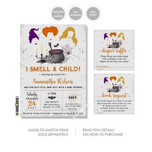Könnte beinhalten: Ein Babyparty-Einladungsset zum Thema Halloween mit Silhouetten von drei Frauen, einem Kessel und einem Spinnennetz. Der Text lautet I SMELL A CHILD, zu Ehren der werdenden Mutter Samantha Wilson, inklusive Details für eine Windel-Tombola.