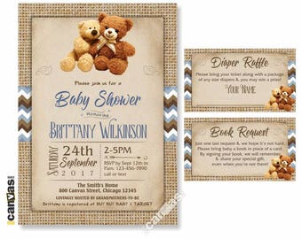 Burlap Baby Shower Invitations, Baby Boy Shower, Chevron Teddy Bear Blue Brown Rustic, Teddy Bear Baby Shower Invite, Printable, Printed 242