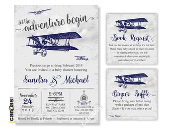 Airplane Baby Shower Invitation, Vintage Airplane, Boy Baby Shower Invite, Navy Blue, Adventure Begins Theme, Printable or Printed 365AB