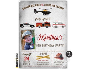 Emergency Vehicle Birthday Invitation, Emergency Invitation, Fire Truck Police Car Helicopter Ambulance Party Invite, First Responder 163