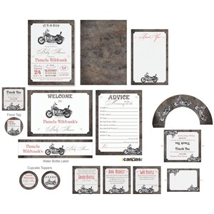 May include: A set of printable baby shower party decorations featuring a motorcycle theme. The set includes a welcome sign, a thank you card, a favor tag, cupcake toppers, a water bottle label, and advice for mommy-to-be cards.