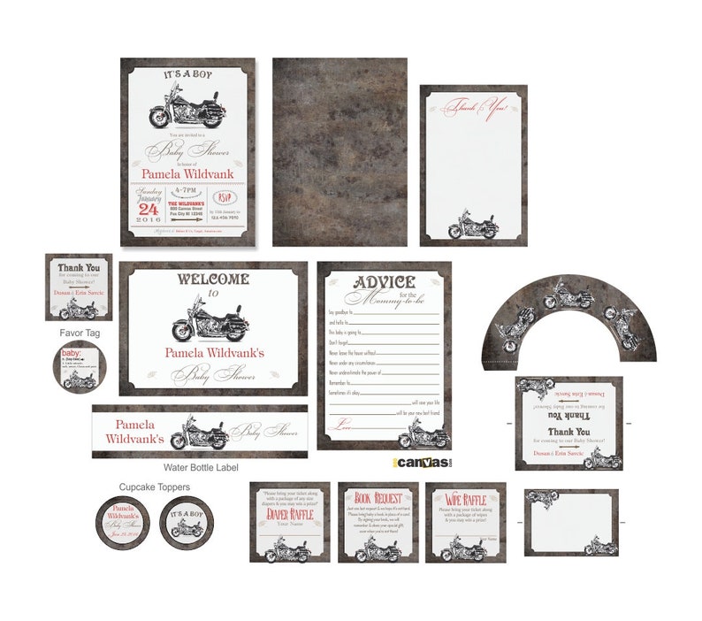 May include: A set of printable baby shower party decorations featuring a motorcycle theme. The set includes a welcome sign, a thank you card, a favor tag, cupcake toppers, a water bottle label, and advice for mommy-to-be cards.