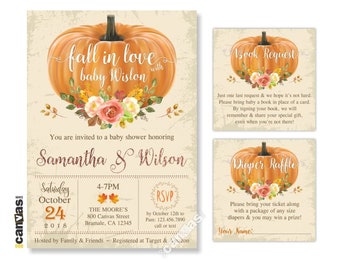 Fall in Love Baby Shower Invitations, Pumpkin Invitation, Gender Neutral, Autumn Themed, Coed, Couples, Floral, Printable or Printed BS383