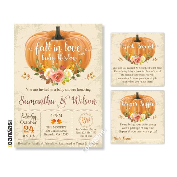 Fall in Love Baby Shower Invitations, Pumpkin Invitation, Gender Neutral, Autumn Themed, Coed, Couples, Floral, Printable or Printed BS383