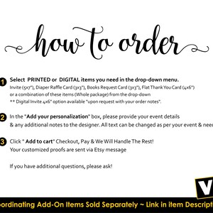 Pu&ograve; includere: Sfondo bianco con testo nero che recita "how to order". Le istruzioni sono fornite in passaggi numerati: seleziona gli articoli stampati o digitali, aggiungi i dettagli di personalizzazione e aggiungi al carrello. Include un logo.