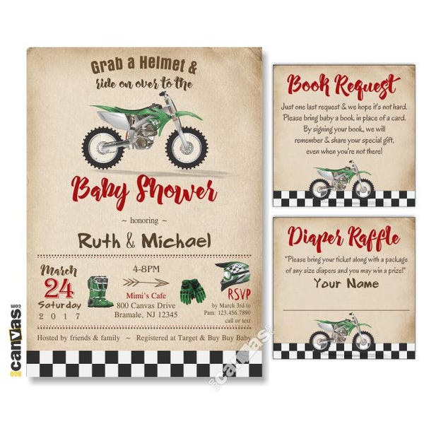 Dirt Bike Baby Shower Invitations, Motorcycle Baby Shower Invitation, DirtBike Baby Shower Invites, Boy Motorbike, Printable or Printed 330G