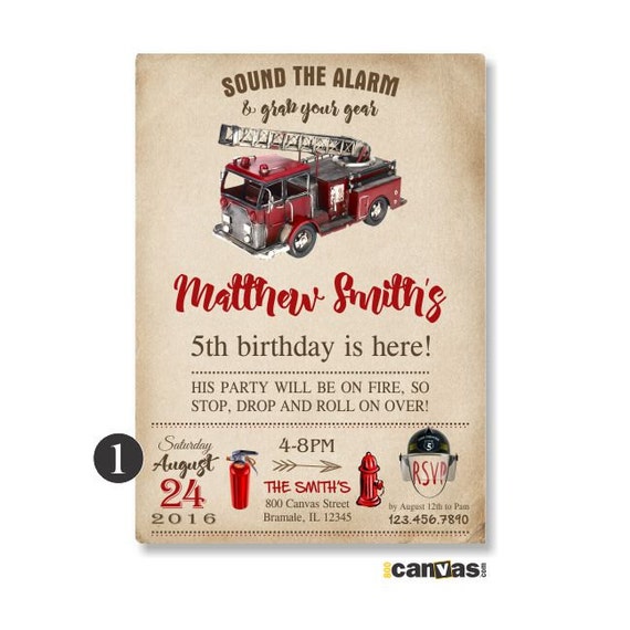 Firetruck Birthday Invitation, Vintage Fire Engine Party Fireman, Firefighter Invite Sound the Alarm, Fire Fighter, Printable or Printed 406