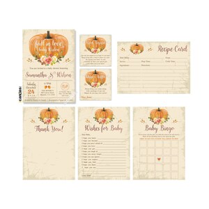 Pu&ograve; includere: Un set di articoli di cancelleria per baby shower a tema autunnale. I disegni presentano una zucca e accenti floreali. Include un invito, una scheda ricetta, un gioco del bingo e un biglietto di ringraziamento.