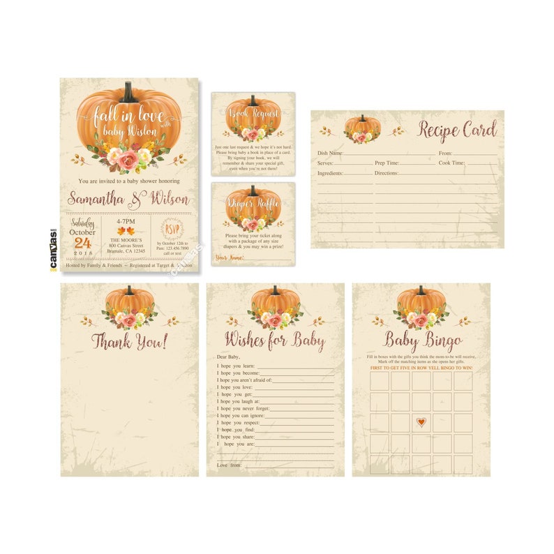Pu&ograve; includere: Un set di articoli di cancelleria per baby shower a tema autunnale. I disegni presentano una zucca e accenti floreali. Include un invito, una scheda ricetta, un gioco del bingo e un biglietto di ringraziamento.