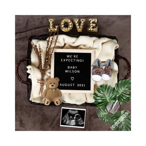 Anuncio de embarazo de oso, Teddy Bear Baby Boy anuncio digital, redes sociales, editable. Love Boy Reveal. Letter Board, Monstera Deja 4L
