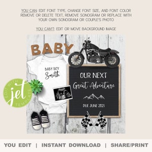 May include: A digital printable baby announcement with a white onesie, a black motorcycle, a chalkboard sign that says "Our Next Great Adventure Due June 2021", and a pair of black and white baby shoes.