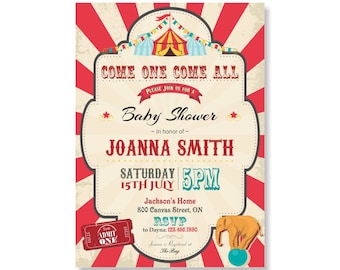 Circus Baby Shower Invitation, Carnival Baby Shower Boy Girl Invite, Vintage Circus Baby Shower with Elephant, Printable / Printed 49
