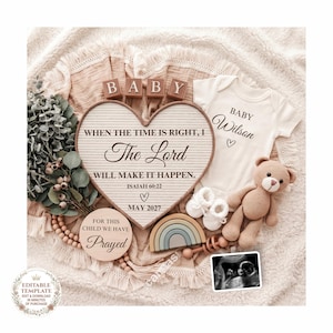 Può includere: Annuncio di nascita con una lavagna a forma di cuore con la scritta "When the time is right, I The Lord Will Make It Happen." È presente anche un body bianco con "Baby Wilson" e un orsacchiotto. Include scarpine, un arcobaleno e un'ecografia.