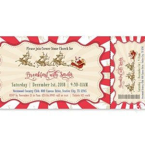 Breakfast with Santa Ticket Invitation, Santa Claus Reindeer, Christmas Party, Holiday Secret Santa Invite Digital, Printable or Printed