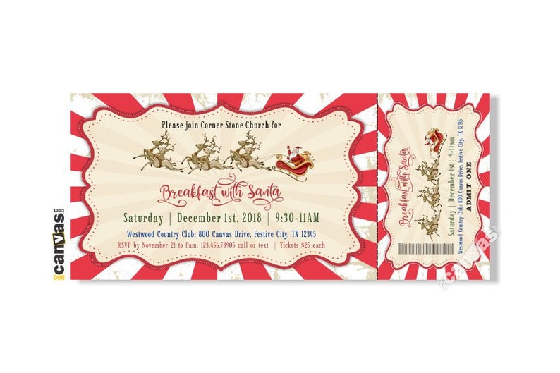 Breakfast with Santa Ticket Invitation, Santa Claus Reindeer, Christmas Party, Holiday Secret Santa Invite Digital, Printable or Printed