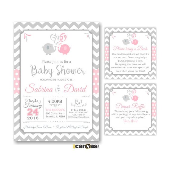 Elephant Baby Shower Invitation Pink and Grey Chevron Baby