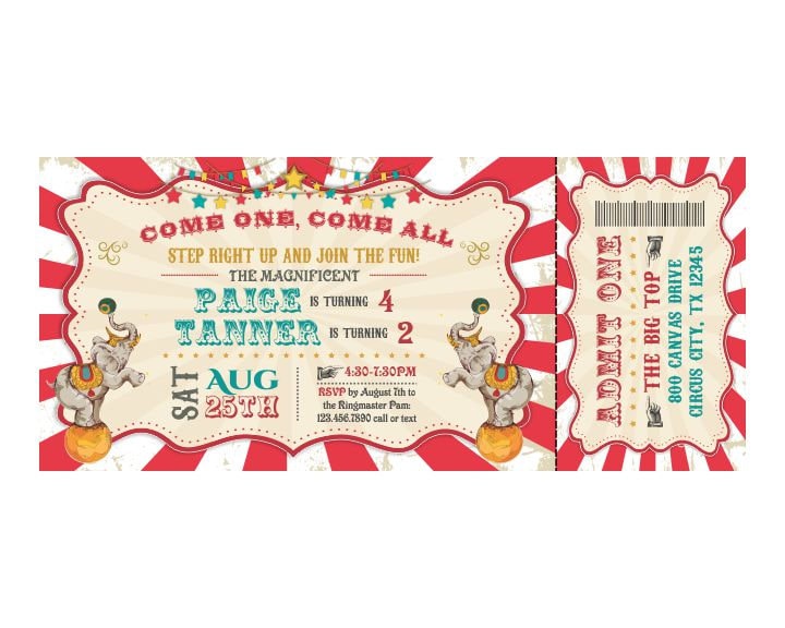 Digital Vintage Carnival Ticket Style Elephant Circus Themed Party Double Twins Triplets Birthday Invitation Printable or Printed 8 Digital Vintage Carnival Ticket Style Elephant Circus Themed Party Double Twins Triplets Birthday Invitation Printable or Printed 8