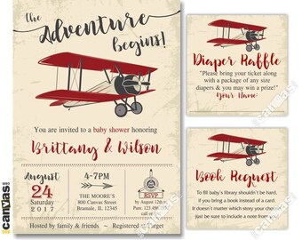 Airplane Baby Shower Invitation Boy, Vintage Airplane Invite, Rustic Plane, Adventure Begins, Aviator Transportation, Printable, Printed 100