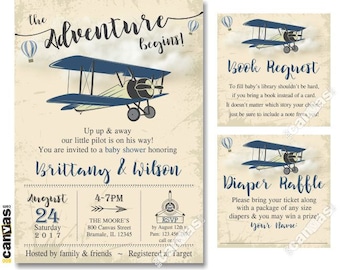 Airplane Baby Shower Invitation, Vintage Airplane Baby Shower, Up Up and Away, Baby Boy, The Adventure Begins, Printable or Printed 317