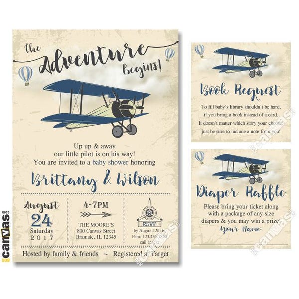 Airplane Baby Shower Invitation, Vintage Airplane Baby Shower, Up Up and Away, Baby Boy, The Adventure Begins, Printable or Printed 317