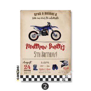 May include: A birthday invitation for a 5th birthday party with a motocross theme. The invitation features a blue dirt bike, a checkered flag pattern, and the text "Grab a Helmet & ride on over to celebrate Matthew Smith's 5th Birthday!"