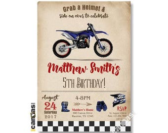 May include: A birthday invitation for a 5th birthday party with a motocross theme. The invitation features a blue dirt bike, a checkered flag pattern, and the text "Grab a Helmet & ride on over to celebrate Matthew Smith's 5th Birthday!"