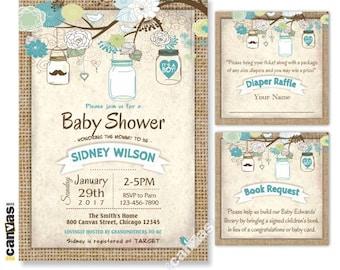 Burlap Rustic Baby Boy Shower Invitation, Mason Jar Invitation, Vintage Couples Floral Hanging Mason Jars, Shabby Chic Printable, Printed 81