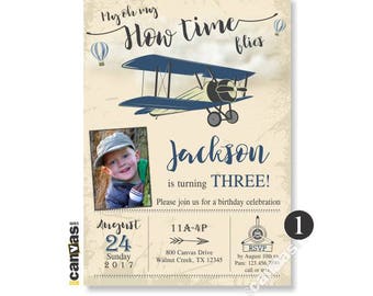 Airplane Birthday Invitation. Printable Vintage Airplane Invitations. Biplane Photo Boy Party, Time Flies First Birthday 1st 2nd 3rd 4th 142