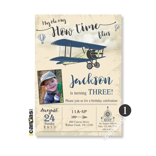 Convite de aniversário de avião. Convites de avião vintage para impressão. Festa de menino com foto de biplano, o tempo voa primeiro aniversário 1º 2º 3º 4º 142