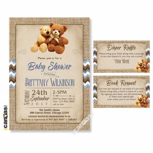 May include: A baby shower invitation set featuring two teddy bears on a burlap-textured background with blue and brown chevron accents. The text includes details for Brittany Wilkinson, the date September 24th, 2017, and a diaper raffle and book request card.