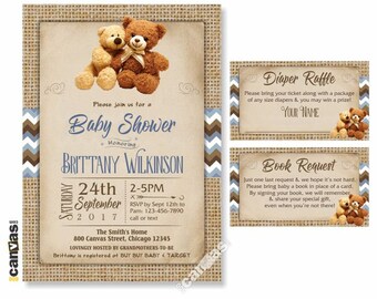 May include: A baby shower invitation set featuring two teddy bears on a burlap-textured background with blue and brown chevron accents. The text includes details for Brittany Wilkinson, the date September 24th, 2017, and a diaper raffle and book request card.
