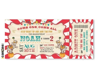 Circus Themed Party, Double Twins Triplets Birthday Invitation, Vintage Carnival, Ticket Style, Elephant, Digital, Printable or Printed 8