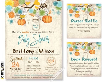 Fall Baby Shower Invito Bambino, Zucca Baby Shower Inviti, Little Pumpkin Baby Shower, Rustic Mason Jar, Stampabile o Stampato BS122
