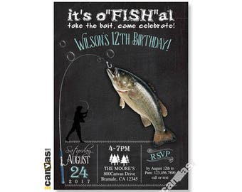 May include: A black and white chalkboard style invitation for a 12th birthday party with a fishing theme. The invitation says "It's o'FISH'al take the bait, come celebrate! Wilson's 12th Birthday!"  The invitation includes a cartoon of a person fishing and a large fish on a hook. The invitation also includes the date, time, and location of the party.