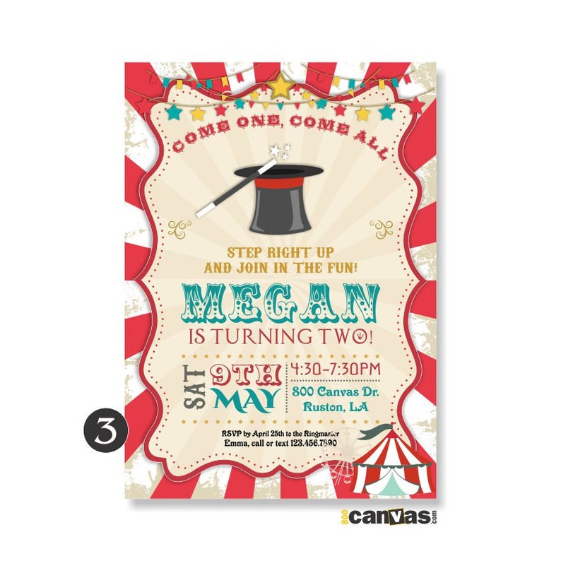 Vintage Circus Magic Birthday Invitation, Boys Girls Carnival Party. Circus Birthday Invite, Red Circus Tent Digital, Printable, Printed 172 image 3