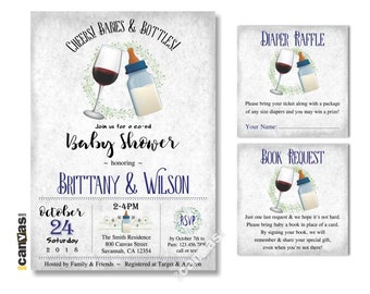 Wine Baby Shower Invitation, Cheers & Wine Baby Shower Invitation, Rustic Shower Invitation, Toasting, Navy Blue, Printable or Printed 309A