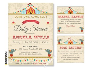 Invitación al Baby Shower de Circo, Fiesta Temática de Carnaval, Circo Vintage, Neutral, Invitación al Baby Shower Retro Coed, Imprimible de Elefante, Impreso 152