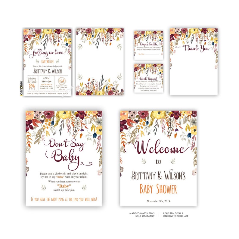 May include: A set of baby shower stationery featuring floral watercolor illustrations in burgundy, yellow, and orange. The collection includes an invitation, thank you card, diaper raffle, book request, game card, and welcome sign with printed text.