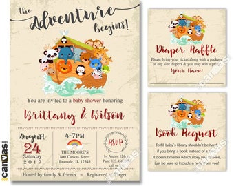 Noah’s Ark Baby Shower Invitation, Noahs Ark Invite, Miracle, Religious, Gender Neutral, Twins Two by Two Safari Animals Bible Christian 325