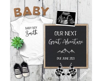 Editable Next Great Adventure Digital Pregnancy Announcement, Adventure Begins Baby Boy Gender Reveal, Rustic, Social Media, Facebook IG 101