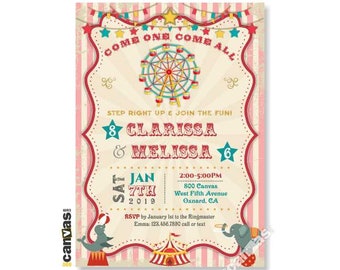 Double Carnival Birthday Invitation, Vintage Carousel Invites, First 1st 2nd 3rd 4th Twins, Triplets, Joint Party Girl, Digital Printed 367H