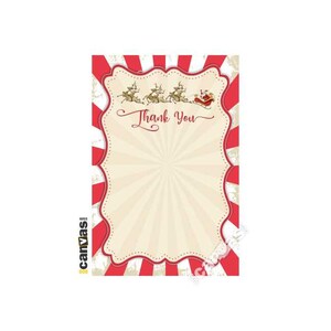 May include: A festive holiday-themed card with a red and white striped border. The card features a cream-colored center with a sunburst design and the words "Thank You" in elegant script. Santa Claus and his reindeer are depicted at the top.