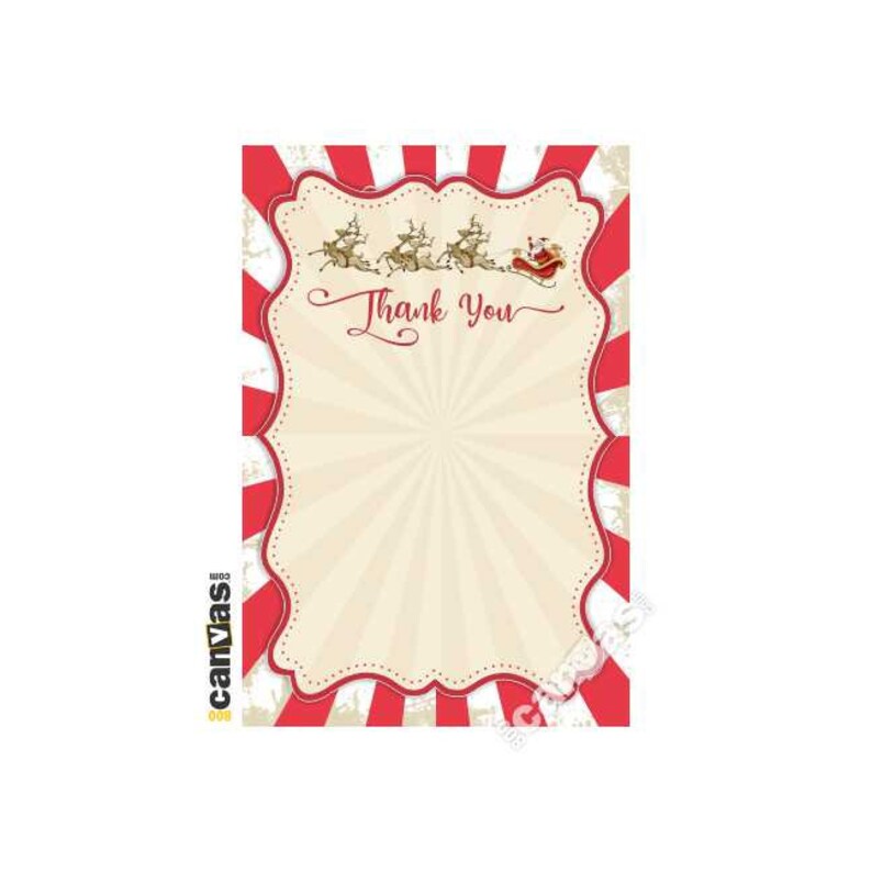 May include: A festive holiday-themed card with a red and white striped border. The card features a cream-colored center with a sunburst design and the words "Thank You" in elegant script. Santa Claus and his reindeer are depicted at the top.