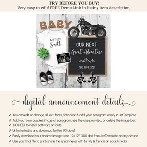 May include: A digital announcement for a baby's arrival. The announcement features a white onesie with the text "Baby Boy Smith", a black and white motorcycle, a chalkboard with the text "Our Next Great Adventure Due June 2021", and a pair of black and white baby shoes.